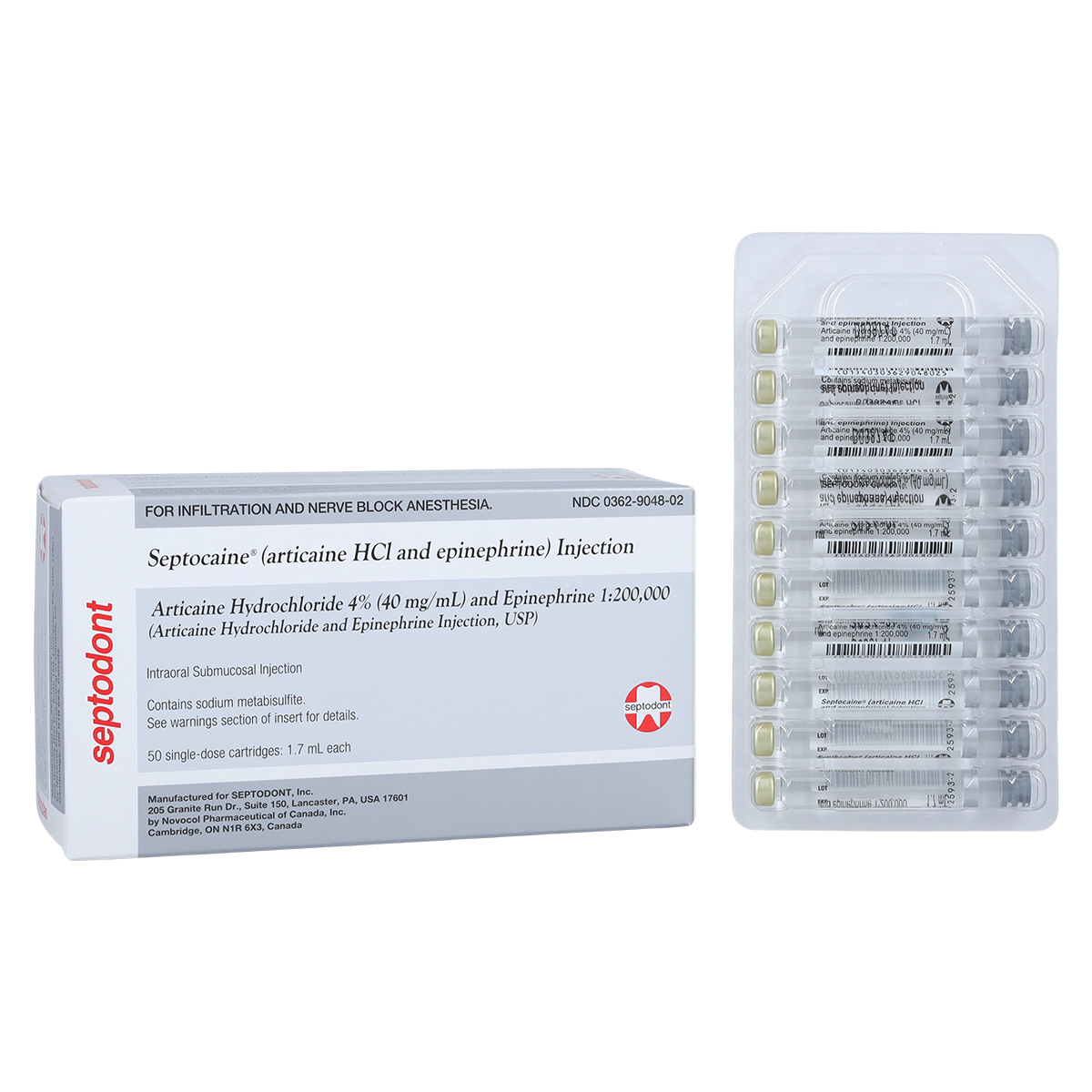 Septocaine Articaine HCl 4% Epinephrine 1:200,000 1.7 mL 50/Bx
